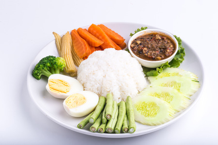 Chili paste with rice and vegetableの写真素材