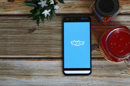 CHIANG MAI, THAILAND - August 11 ,2020 : Mobile phone with skype apps. Skype is part of Microsoft, can make video, audio calls, chat messages and do much more using Skype.のeditorial素材
