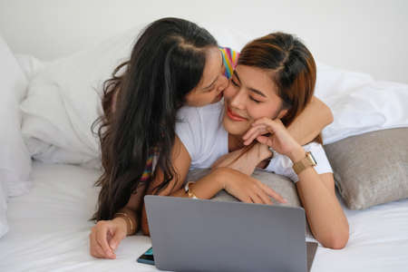 lgbtq lgbt concept homosexuality Two beautiful women happily express their love for each other...