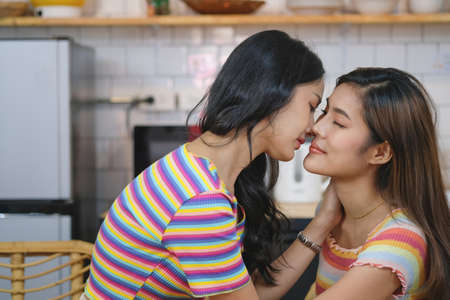 lgbtq, lgbt concept, homosexuality, two beautiful women showing their love to each other in a very warm home happilyの写真素材