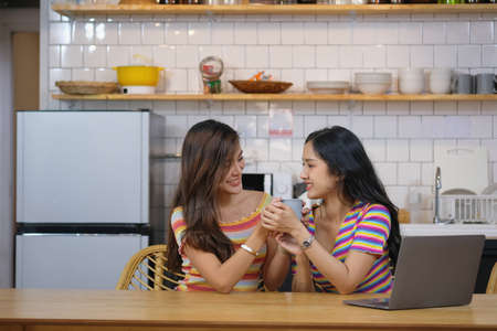 lgbtq, lgbt concept, homosexuality, two beautiful women showing their love to each other in a very warm home happilyの写真素材