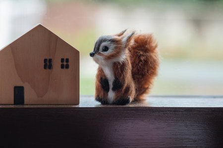 A small squirrel doll and a wooden house that adorns the living room.の写真素材