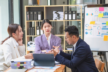 Asian business team consists of marketing staff. accountant and financial officer Help each other analyze company profits using tablets. calculator Laptop computers, graph paper, and corporate pens.の写真素材