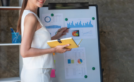 Asian businesswoman presenting business data with a board with charts, graphs hand holding a yellow notebook, And business documents lying on the table in the office, business concept.の写真素材
