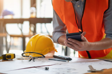 Asian engineers brainstorm and measure to document cost estimates and write floor plans for architectural and engineering designs for houses and buildings.の写真素材