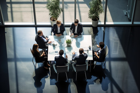 Business people group meeting in office. Professional businesswomen, businessmen, and office workers work in team conferences with project planning documents on the meeting table.の素材