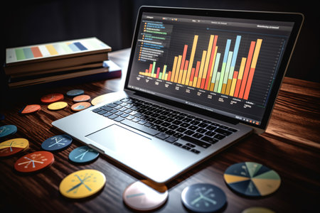 Business data dashboard analysis by ingenious computer software. Investment applications display business sales and profit on the computer screen and advise marketing planning decisions.の素材