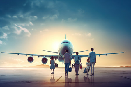 A family with a son and daughter happily travels on a big plane for a summer family vacation and family bonding. family concept.の素材