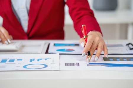 planning, auditing, business planning, finance, young asian business woman working on computer and checking investment documents and planning marketing to increase profit, business conceptsの写真素材