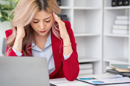 Concept Burnout Syndrome. Asian business Woman feels uncomfortable working. Which is caused by stress, accumulated from unsuccessful work And less resting body. Consult a specialist psychiatrist.の写真素材