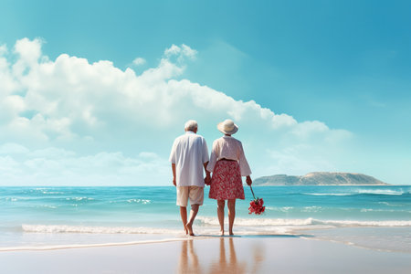 close-up and portrait of two happy and active seniors or pensioners having fun and enjoying looking at the sunset smiling with the sea - old people outdoors enjoying vacations together.の素材
