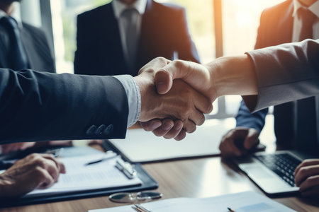 Happy business team shaking hands with clients in the office Smiling executive team making deals with customers and shaking hands at work inside the office conference room.の素材