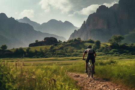 The athletic man pedals an MTB E-bike up a steep grassy hill. Beautiful view of the mountains at sunrise sunset with sun flare. Alone in nature, thinking about life.の素材