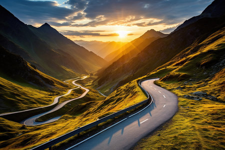 Beautiful landscape, the road in the mountains, The Transfagarasan Highway, fairytale, sunrise, sundown, beautiful light, travel, summer vacations, background, wallpaper, amazing skyの素材