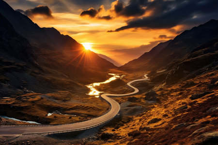 Beautiful landscape, the road in the mountains, The Transfagarasan Highway, fairytale, sunrise, sundown, beautiful light, travel, summer vacations, background, wallpaper, amazing skyの素材