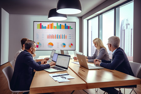 Business people group meeting in office. Professional businesswomen, businessmen, and office workers work in team conferences with project planning documents on the meeting table.の素材