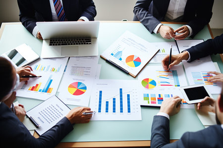Business people group meeting in office. Professional businesswomen, businessmen, and office workers work in team conferences with project planning documents on the meeting table.の素材