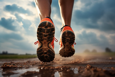 Athletes running on the road in the morning, sunrise training for a marathon, and fitness Runners with healthy lifestyles exercising outdoors.の素材