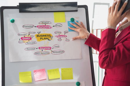 Asian businesswoman presenting a profitable company marketing plan with confidence at the office and future investment plans of the company with charts and graphs on the board.の写真素材