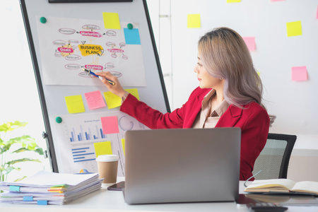 Asian businesswoman presenting a profitable company marketing plan with confidence at the office and future investment plans of the company with charts and graphs on the board.の写真素材
