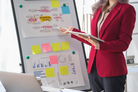 Asian businesswoman presenting a profitable company marketing plan with confidence at the office and future investment plans of the company with charts and graphs on the board.の写真素材