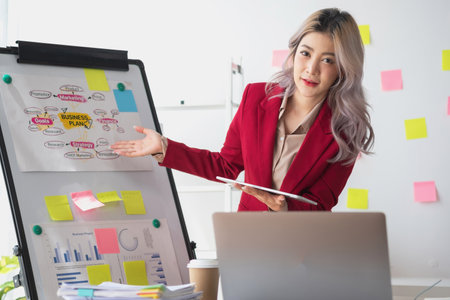 Asian businesswoman presenting a profitable company marketing plan with confidence at the office and future investment plans of the company with charts and graphs on the board.の写真素材
