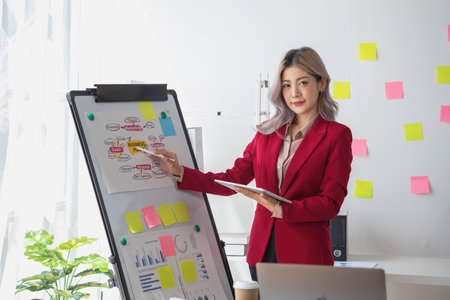Asian businesswoman presenting a profitable company marketing plan with confidence at the office and future investment plans of the company with charts and graphs on the board.の写真素材
