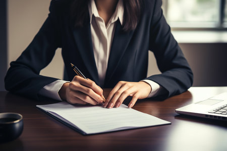 Businesswoman worker or manager in a black suit in a good mood using a laptop and calculator to calculate company income and expenses balance inside the office.の素材