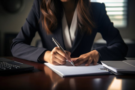 Businesswoman worker or manager in a black suit in a good mood using a laptop and calculator to calculate company income and expenses balance inside the office.の素材