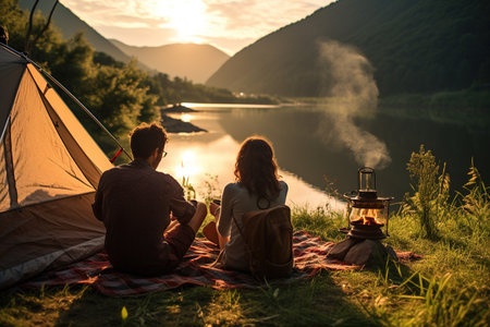 Young men and women sitting in nature and talking and setting up tents for tourists The idea of summer recreation in nature on the sandy banks of the river.の素材