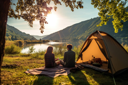 Young men and women sitting in nature and talking and setting up tents for tourists The idea of summer recreation in nature on the sandy banks of the river.の素材