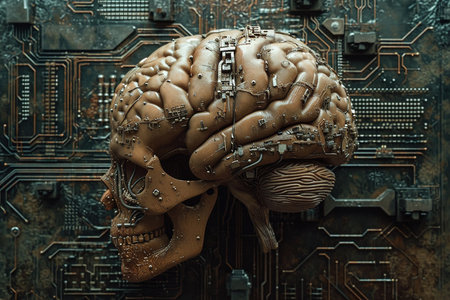Electronic brain on the motherboard or artificial intelligence, is the theme of implementing modern technologies in companies. 

 technology concept.の素材