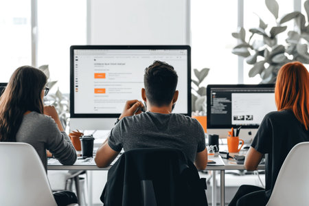 Diverse Group of Professionals Meeting in Modern Office: Brainstorming IT Programmers Use Computer Together, Talk Strategy, Discuss Planning. Software Engineers Develop Inspirational App Programの素材