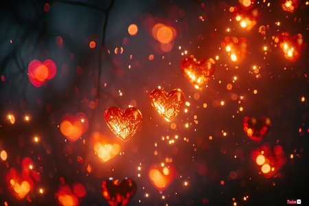 red heart on blurry background, bokeh, bokeh background, romantic, Valentine's day, depth of field, heart-shaped multi-colored lights, haze, rainbow, blurred background.の素材