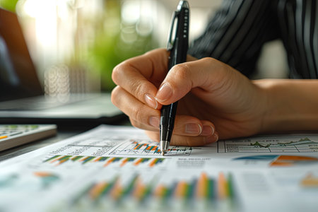 Close-up of a businessman's hand holding a pen and analyzing investment graphs. AI Generatedの素材
