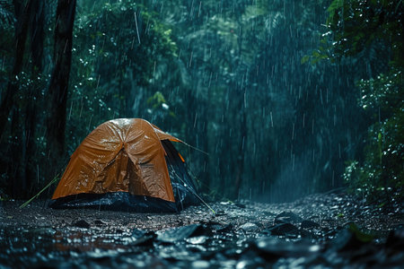 Set up a camping tent in the middle of a forest where it was raining heavily. AI Generatedの素材