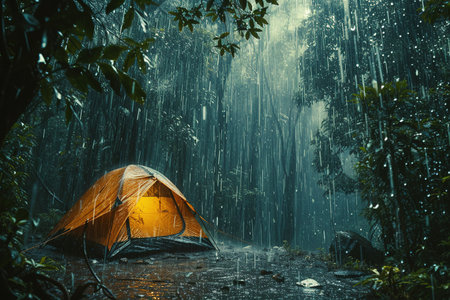 Set up a camping tent in the middle of a forest where it was raining heavily. AI Generatedの素材