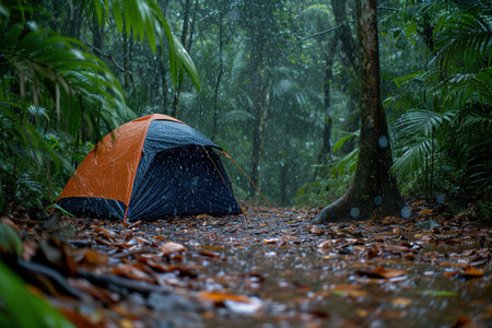 Set up a camping tent in the middle of a forest where it was raining heavily. AI Generatedの素材