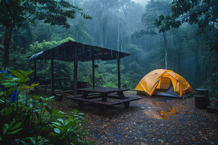 Set up a camping tent in the middle of a forest where it was raining heavily. AI Generatedの素材
