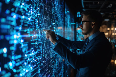 Man hand touching Global Internet connection. Financial and Digital link tech big data. AI Generatedの素材