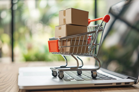 Online shopping concept with a cart full of boxes on top of a laptop computer. AI Generatedの素材