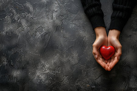 Close up of woman is hands holding a red heart on a nature background, love concept. AI Generatedの素材