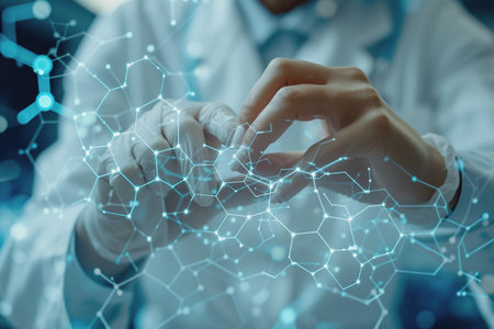 Scientist doctor hand touches virtual molecular structure in the lab. AI Generatedの素材