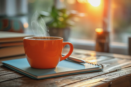 Coffee cup with a small plant pot and notebook on a wooden table under sunlight. AI Generatedの素材