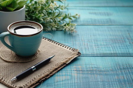 Coffee cup with a small plant pot and notebook on a wooden table under sunlight. AI Generatedの素材