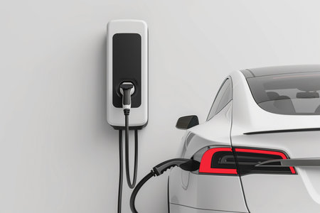 Modern electric vehicles (EV) plugged into a charging station on a white background, AI Generatedの素材