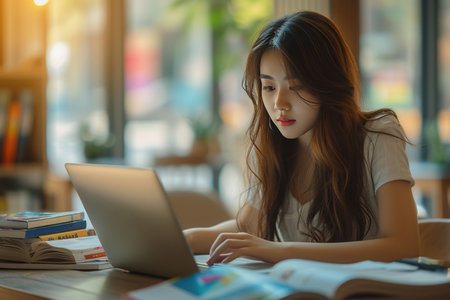 Asian woman sitting calmly working in an office full of books for success. AI Generatedの素材