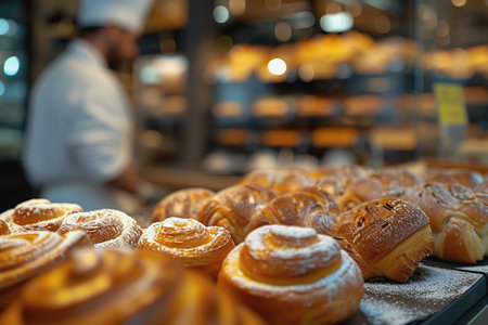 A man bakes fresh bread and sells it in front of a delicious shop in a bakery blurry backgroundの素材