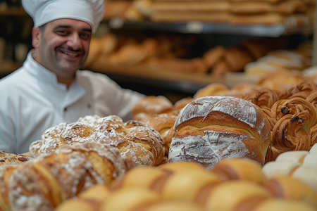 A man bakes fresh bread and sells it in front of a delicious shop in a bakery blurry backgroundの素材