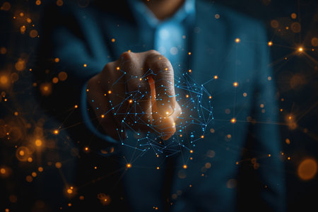 Abstract background of technology with touching hands of a businessman. AI Generatedの素材
